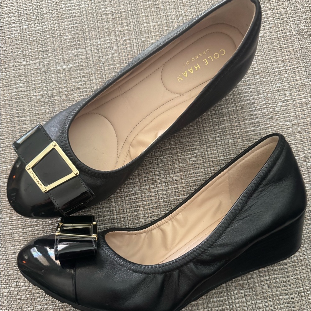 Cole Haan Black Wedge Ballet Flats with Gold Buckle - Picture 3 of 10
